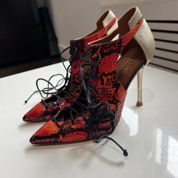 MALONE SOULIERS Lace-Up Snakeskin Leather Pointed Toe Heels Size 7 - Picture 2 of 9